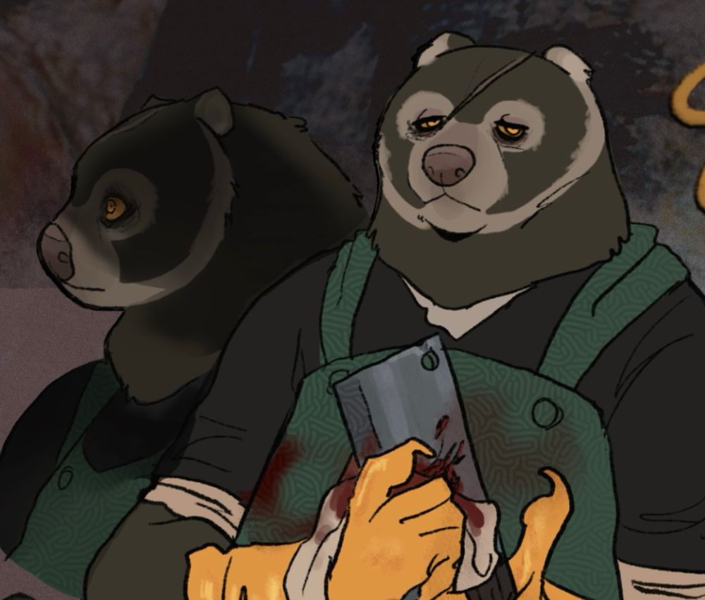 Close up of a drawn bear cuscus with a butcher knife and yellow rubber gloves.