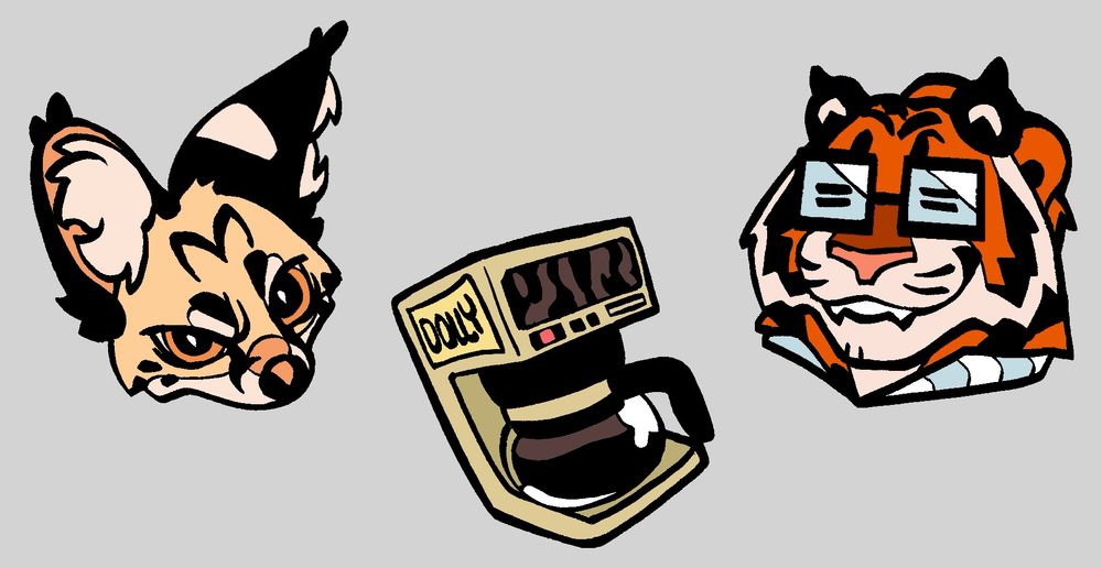 Designs of a serval, tiger, and coffeemaker for pins. Finnegan, Gibson, and Dolly are simplified and clean. 