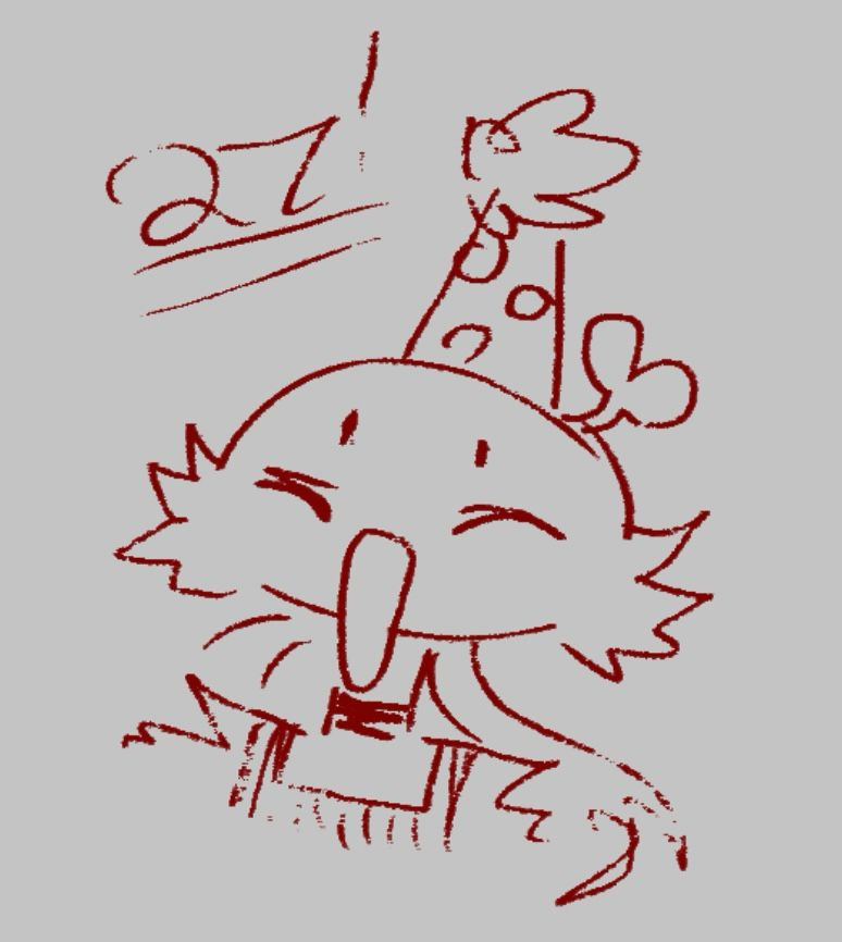headshot sketch of a kiwi bird sona with a birthday hat on saying 27!
