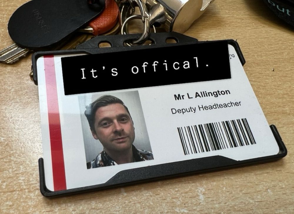 Lanyard with picture of man in his 30’s and text saying ‘Mr L Allington, Deputy Headteacher’.