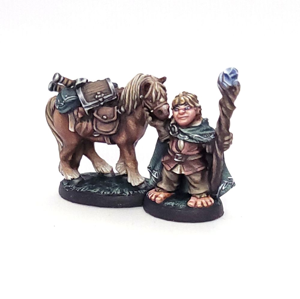 3/4 front view of Boulder (horse) and Dobbin (halfling), two miniatures unveiled as part of Reaper Miniatures' line as monthly promo minis, painted by the OG poster in colors VAGUELY reminiscient of costume design in The Lord of The Rings films.