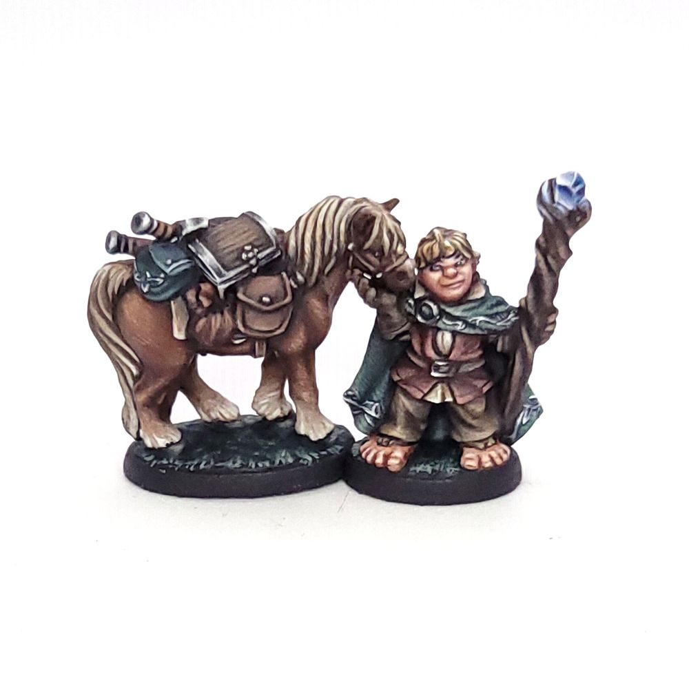 Front view of Boulder (horse) and Dobbin (halfling), two miniatures unveiled as part of Reaper Miniatures' line as monthly promo minis, painted by the OG poster in colors VAGUELY reminiscient of costume design in The Lord of The Rings films.