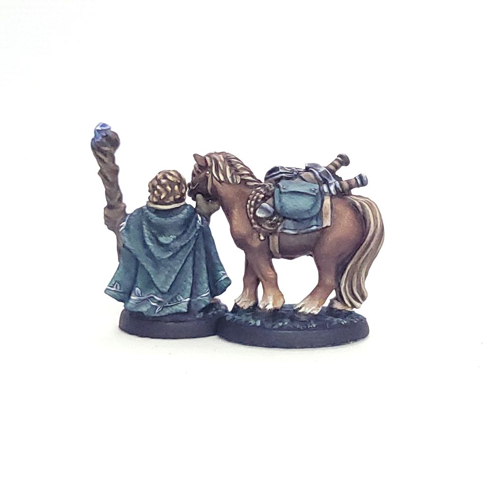 Back view of Boulder (horse) and Dobbin (halfling), two miniatures unveiled as part of Reaper Miniatures' line as monthly promo minis, painted by the OG poster in colors VAGUELY reminiscient of costume design in The Lord of The Rings films.