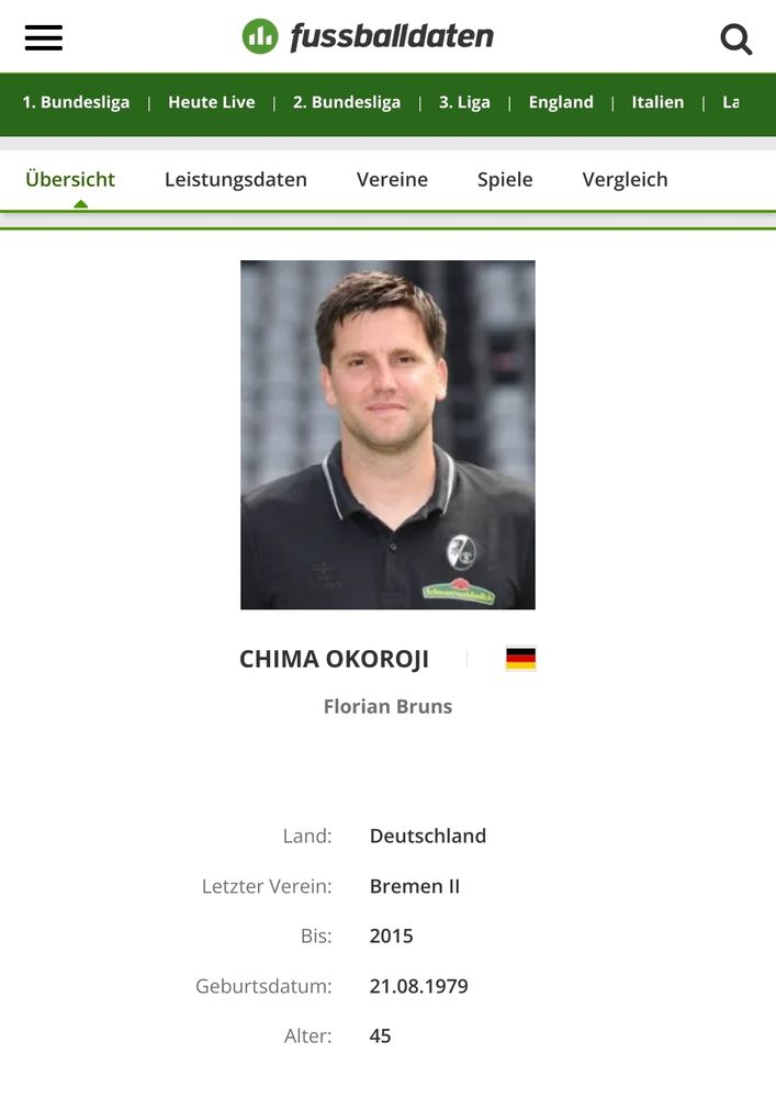 Screenshot von der Homepage fussballdaten.de von dem Spielerprofil von Florian Bruns