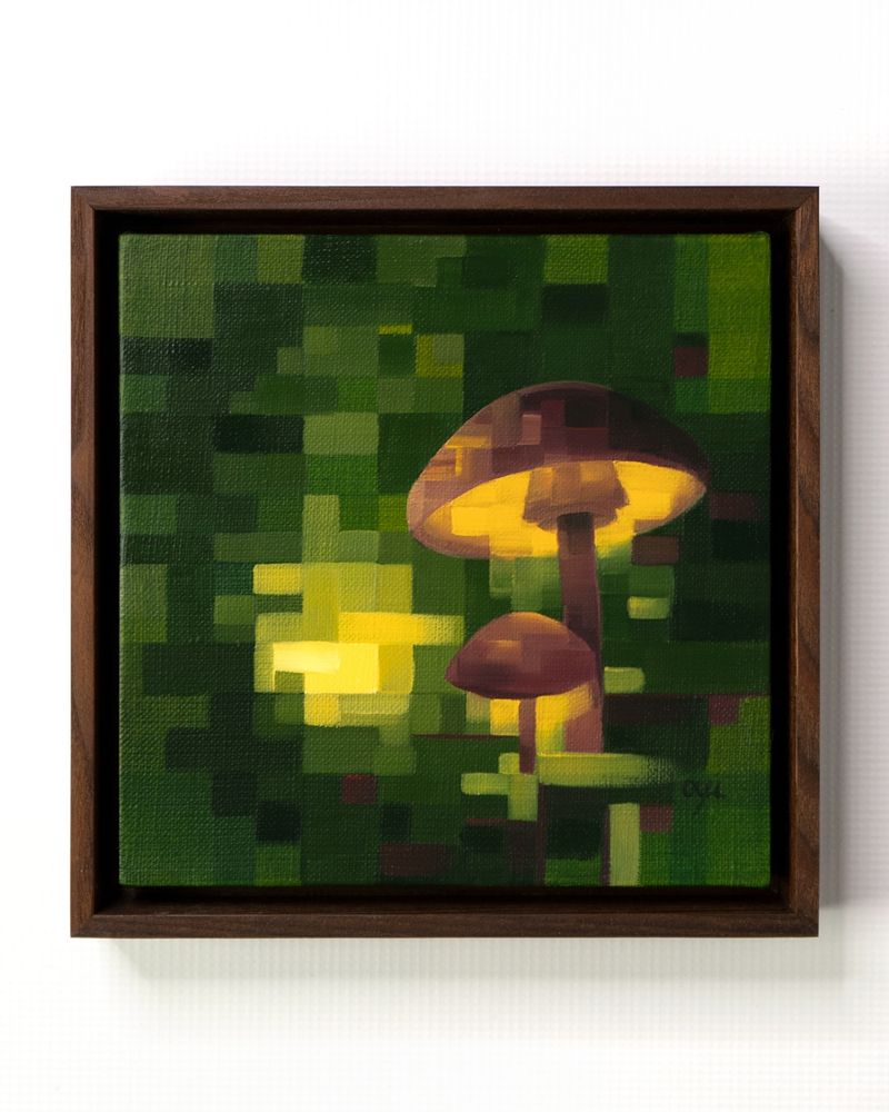 Framed painting of mushrooms and forest floor in a semi abstract cubic style