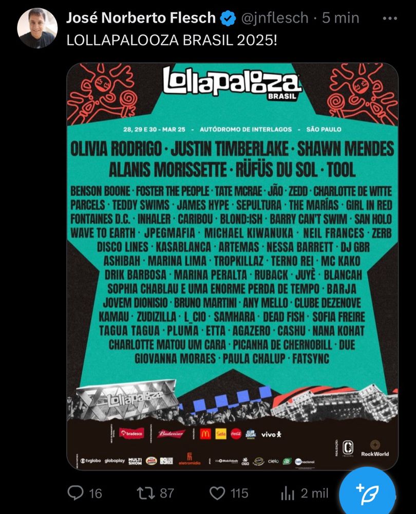 um tweet do flesh anunciando o lineup do lolla