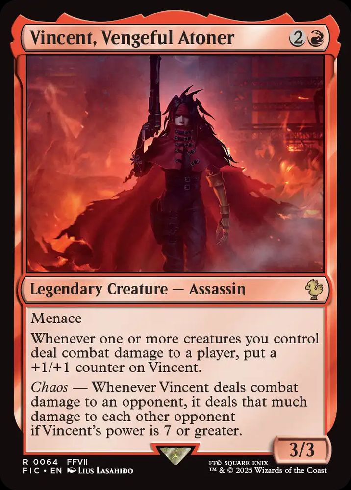 Magic The Gathering Final Fantasy card:
Vincent, Vengeful Atoner. Legendary Creature - Assassin