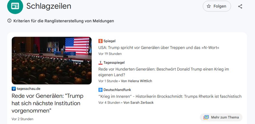 Screenshot Kopf der Rangliste bei google.news.de: Trumps Rede vor U.S.-Generälen