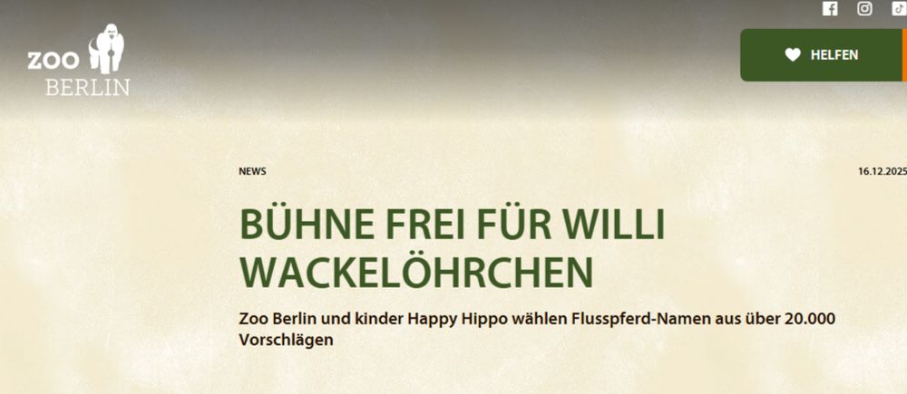 Screenshot Zoo Berlin: "Bühne frei für Willi Wackelöhrchen" - "Zoo Berlin und Kinder Happy Hippo wählen Flusspferd-Namen aus über 20.000 Vorschlägen"