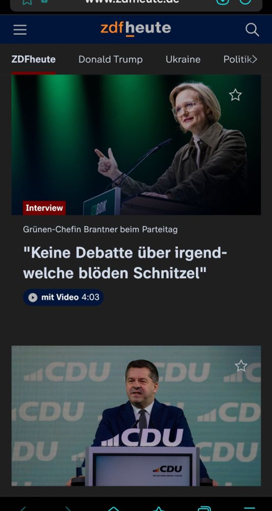 screenshot startseite zdf heute abend mit einem bericht zu den grünen und einem zur cdu jeweils mit foto