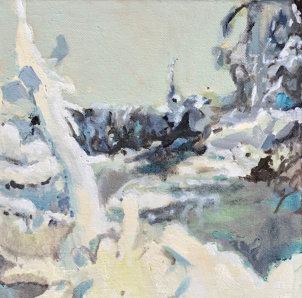 An oil painting of an abstracted, snow covered landscape.