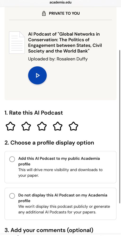 AI podcast of my paper on conservation politics in Madagascar- asking me to rate it out of 5 stars 