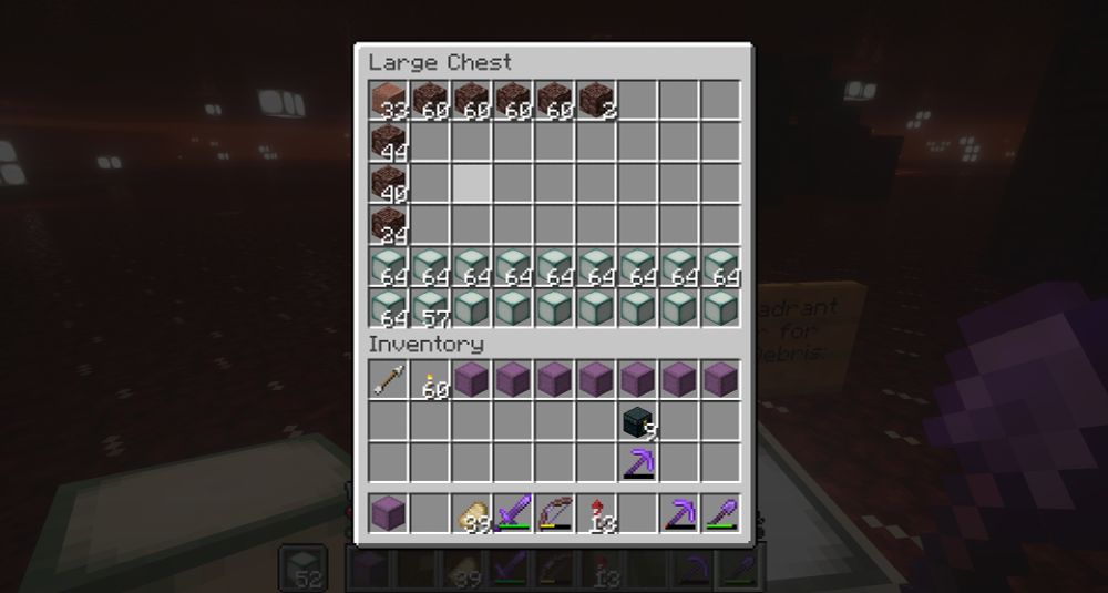 Pictured is a double chest containing 350 blocks total of ancient debris