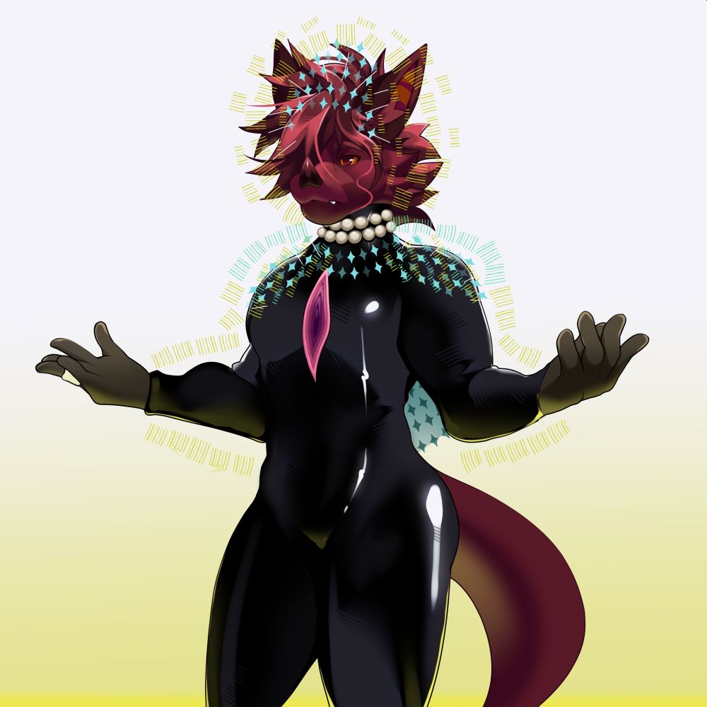 illustration of a furry bat character wearing a latex suit. his entire fur is red; along with his hair. he's portrayed similarly to one of bjork's album covers.