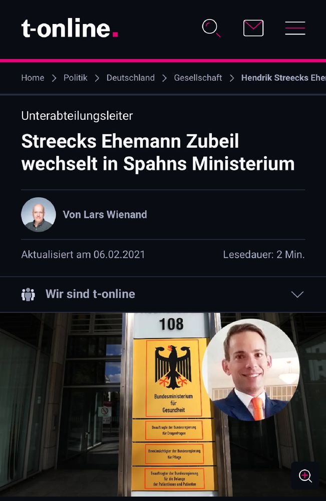  screenshot eines Nachrichten-Artikels bei t-online in dem steht: Streecks Ehemann wechselt in Spahns Ministerium 