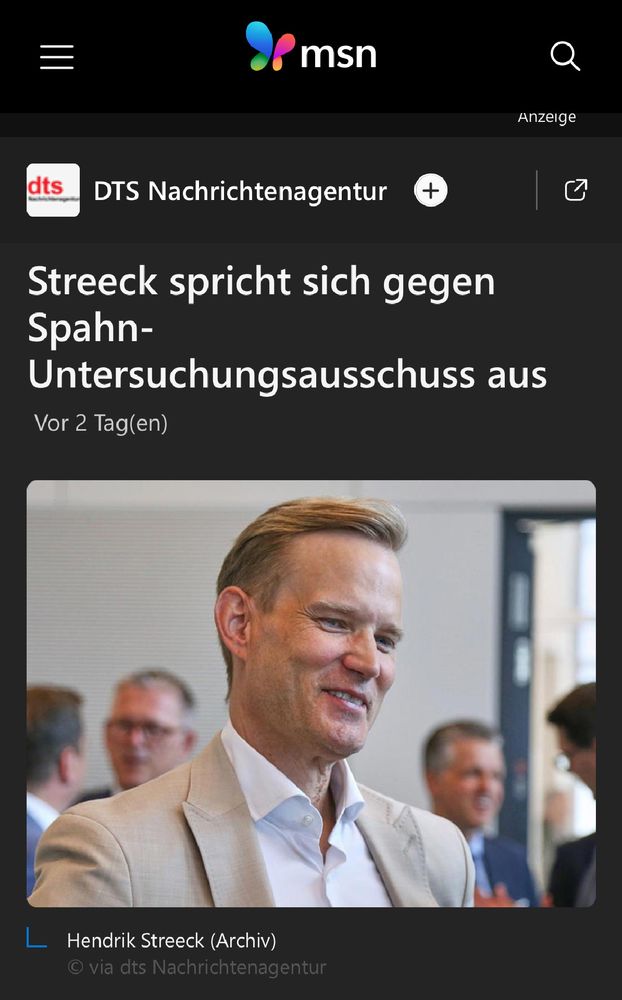  screenshot eines Nachrichten-Artikels. In dem steht: Streeck spricht sich gegen Spahn-Untersuchungsausschuss aus. 