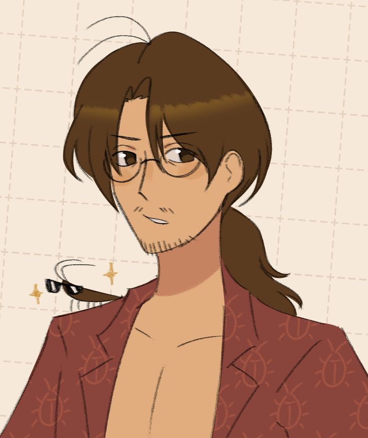 A cropped portrait of Gregor from Limbus Company. He is wearing an open button up shirt with a bug pattern on it. He has a cockroach on his shoulder wearing sunglasses.