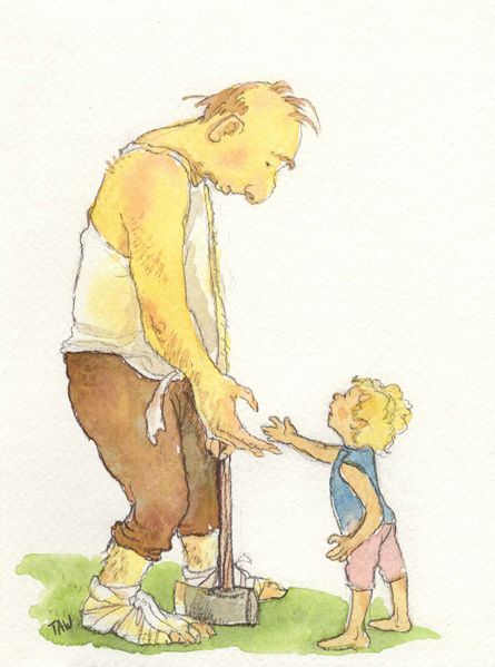 Gouache wash and pencil line drawing of a little girl reaching her hand out to introduce herself to a large Troll.