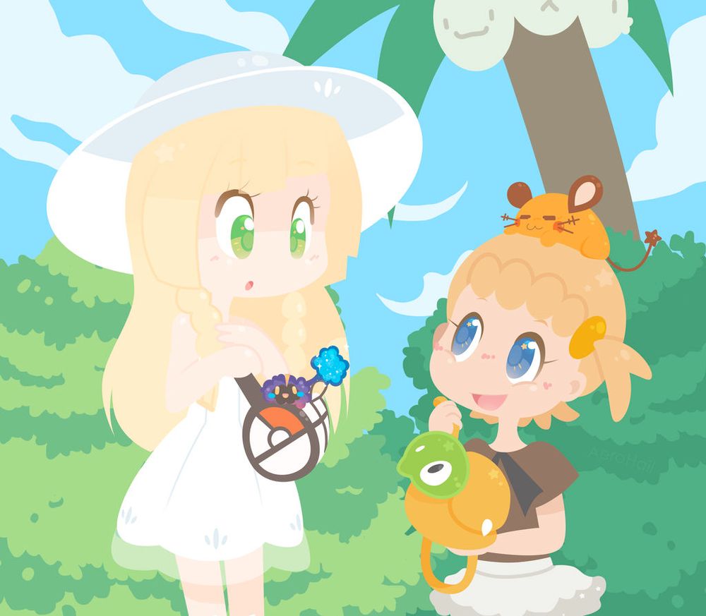 fanart showing lillie and bonnie from pokemon showing their bags with pokemon hanging out. 