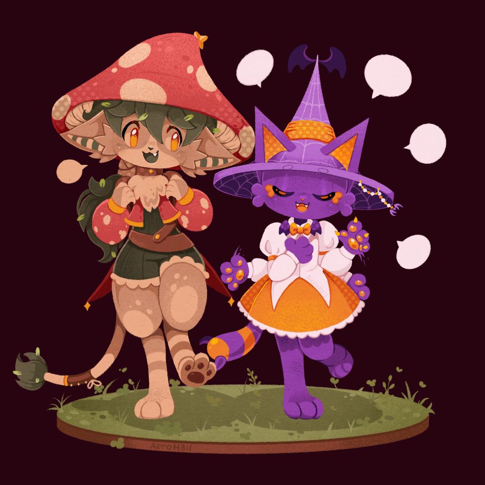 Art showing two anthro characters, one is taller with mushroom themeing and the shorter one has a general Halloween theme!