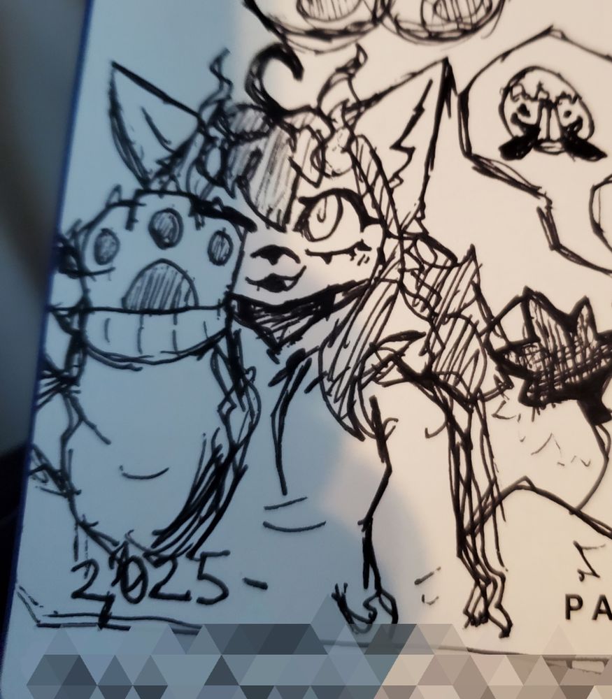 An irl pen sketch of an anthro kitsune with flame horns waving at the viewer