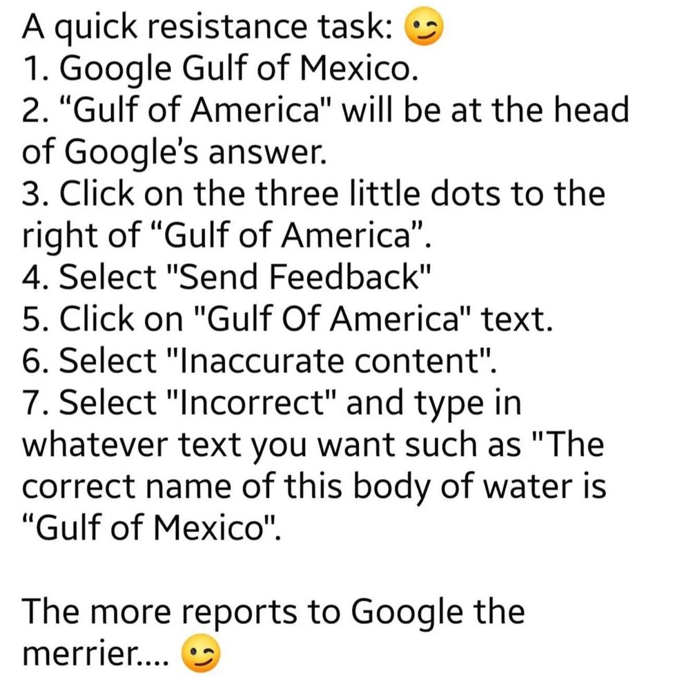 A white background with black writing that says:

A quick resistance task: 
1. Google Gulf of Mexico.
2. "Gulf of America" will be at the head of Google's answer.
3. Click on the three little dots to the right of "Gulf of America".
4. Select "Send Feedback".
5. Click on "Gulf of America" text.
6. Select "Inaccurate Content".
7. Select "Incorrect" and type in whatever text you want such as "The correct name of this body of water is "Gulf of Mexico".

The more reports to Google the merrier...