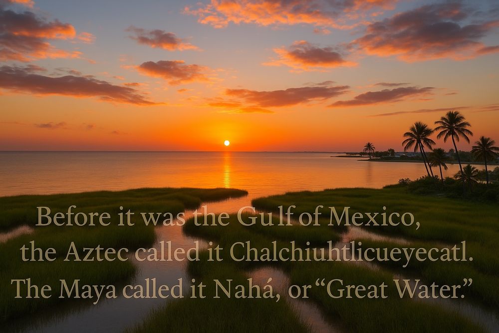 An AI image of a coastal swampland at sunset, overlain with this text: Before it was the Gulf of Mexico, the Aztec called it Chalchiuhtlicueyecatl. The Maya called it Nahá, or “Great Water.”