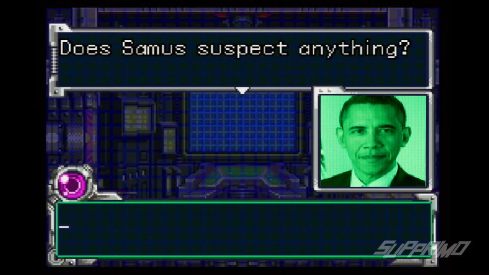 A meme of a Metroid Fusion screenshot with obama with a text box saying "Does Samus suspect anything?"