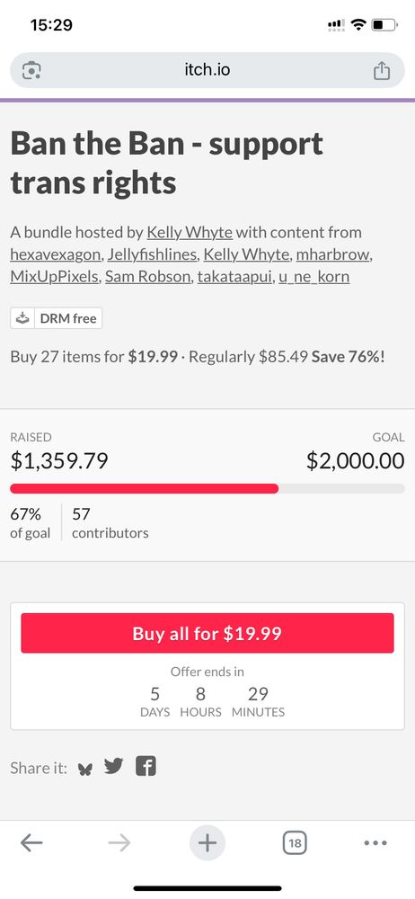 A screenshot of an itch fundraiser with a progress bar. The bar is about 2/3rds full. Raised: 1359.79 Goal: 2000