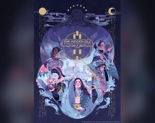 Cover art for The Hidden Isle. A blue toned artwork of five heroes with their backs to a city. Waves crash around them.