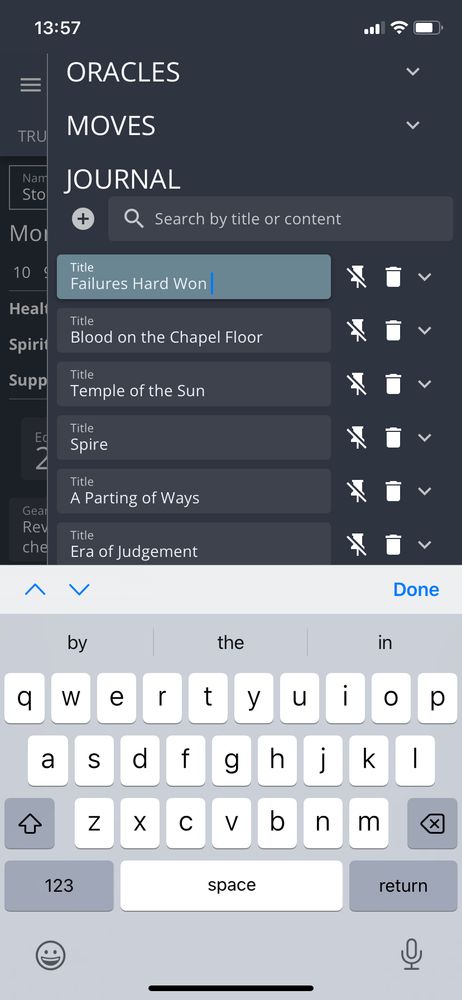 A screenshot of Iron Journal with a list of Ivresang journal entries: Era of Judgement, A Parting of Ways, Spire, Temple of the Sun, Blood on the Chapel Floor and Failures Hard Won. 