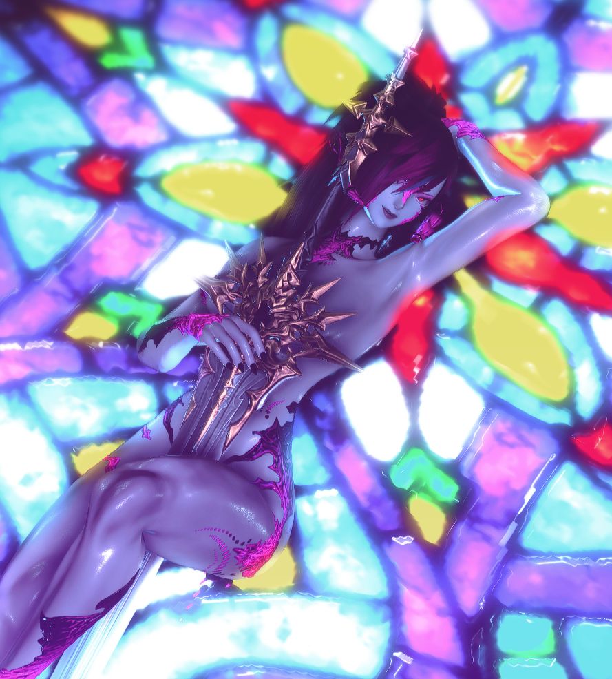 Tetra posing naked against a stained glass window, arms and legs wrapped around a greatsword.