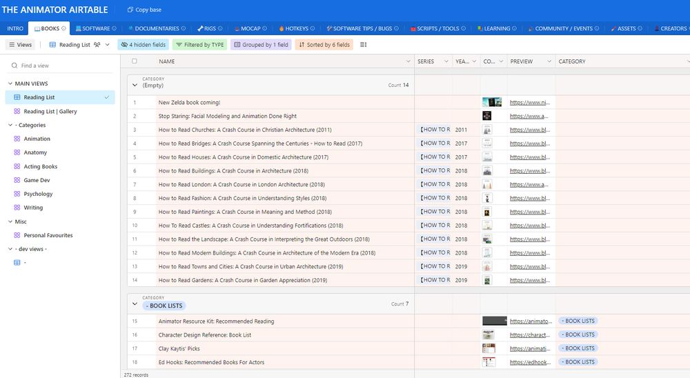 Print de uma página na internet
A página se chama The Animator Airtable e dentre uma lista de abas a selecionada é Books (livros)
Dentre as categorias temos animação, anatomia, atuação, desenvolvimento de jogos, psicologia e escrita.