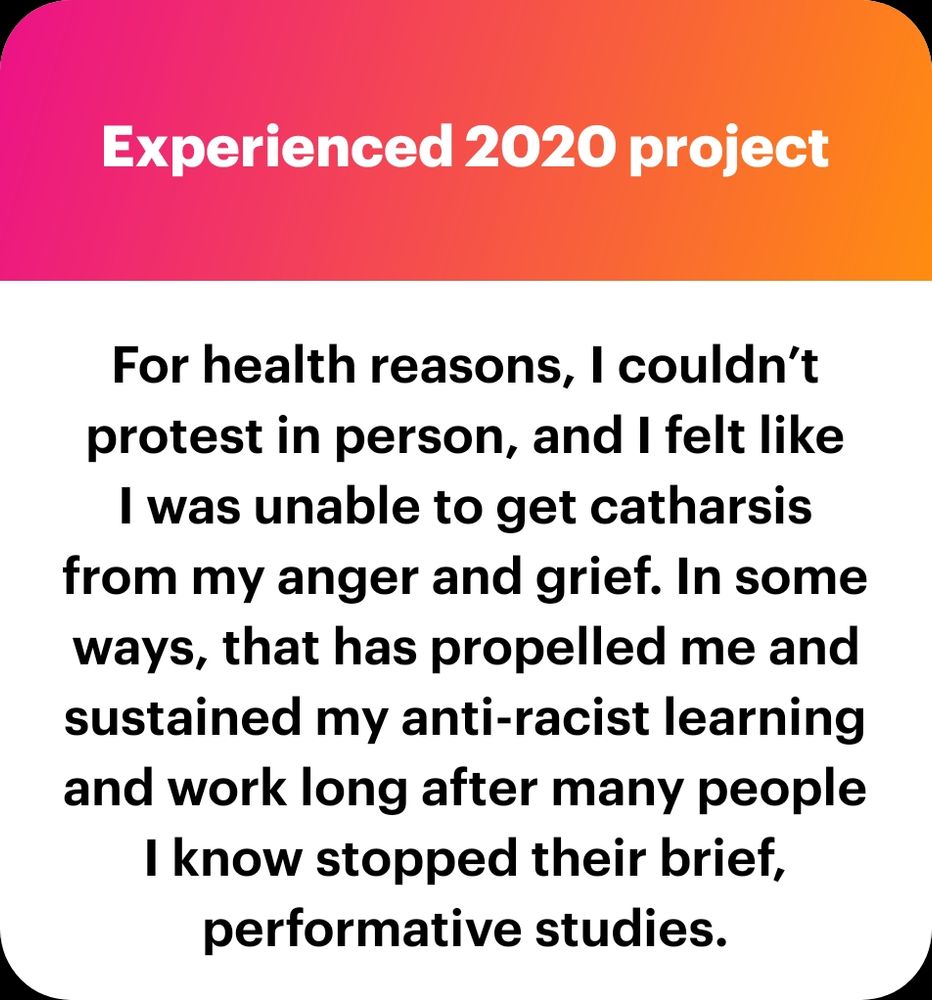 For health reasons, I couldn't protest in person, and I felt like I was unable to get catharsis from my anger and grief. In some ways, that has propelled me and sustained my anti-racist learning and work long after many people I know stopped their brief, performative studies.