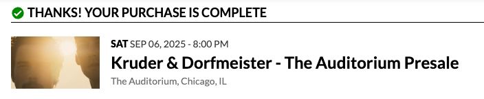 An image showing the successful sale of two K&D Sessions tickets in Chicago. 