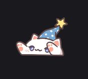 White bongo-cat with big blue eyes and a slight blush in a little frumpy blue pajama hat with a gold star on top.