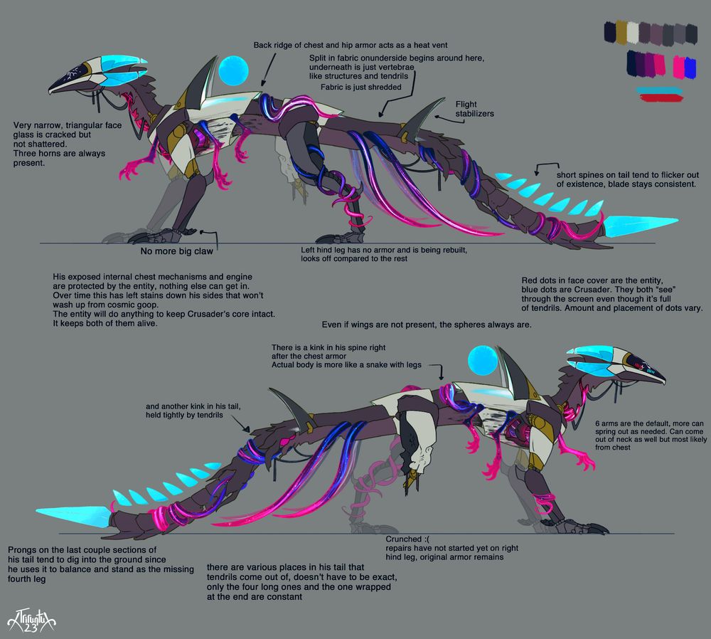 A broken mechanical dragon standing in profile, blue and pink tentacles and arms sprouting from it's neck, chest and tail. It's back right leg is cut off at the knee and the back left leg is stripped to it's barest components. The top of the image has notes for the left side of the body while the bottom half has the dragon facing right with notes for that side.