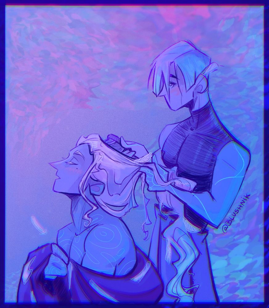 Millions Knives sitting down and holding his cloak around himself, it falls off his shoulders as he leans his head back while Legato Bluesummers combs his long long post Stampede hair.