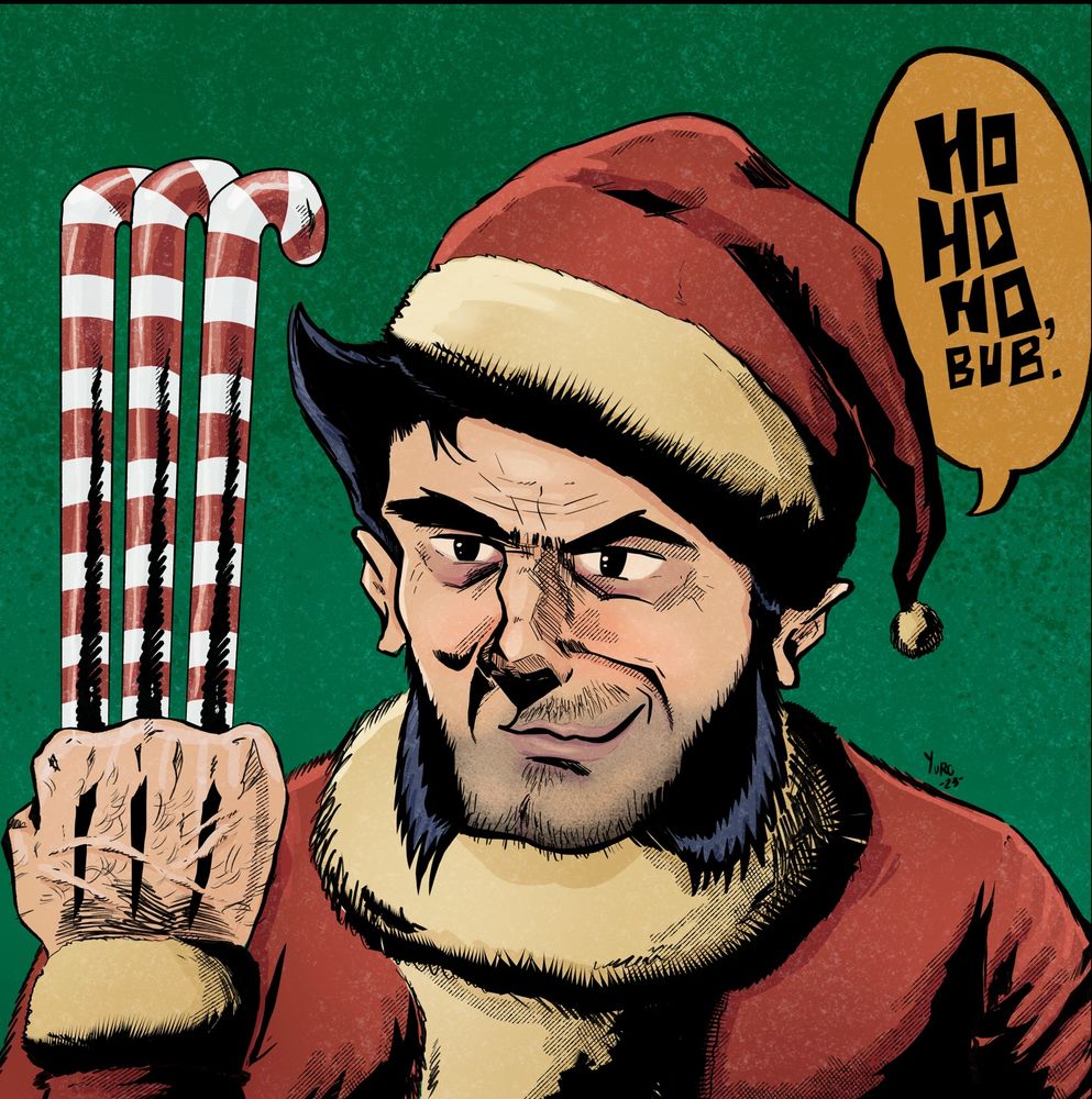 Desenho do Wolverine vestido de papai noel com alcaçuz nas garras