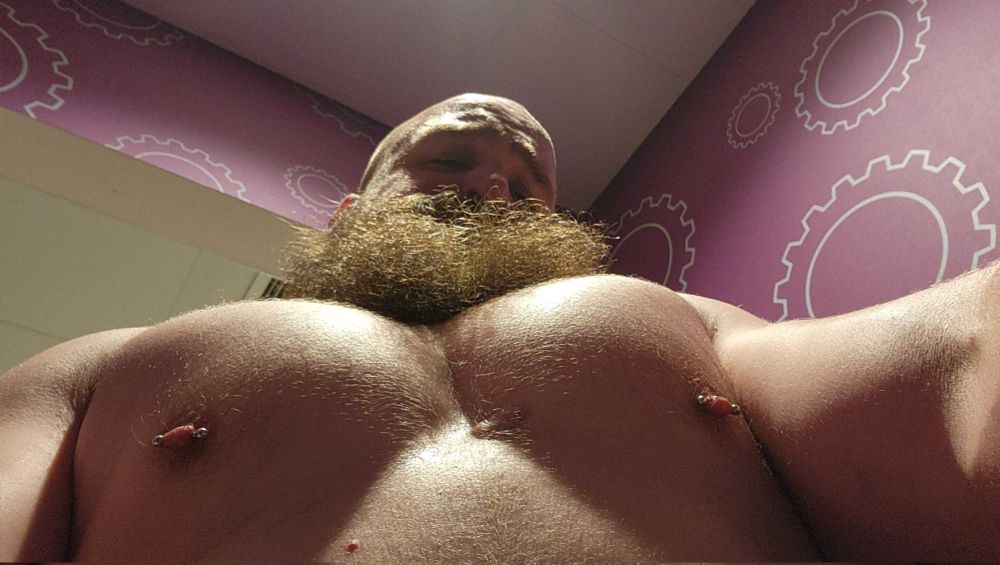 Photo of a muscled, bearded, bald man taken from a low point of view to emphasize his chest. 