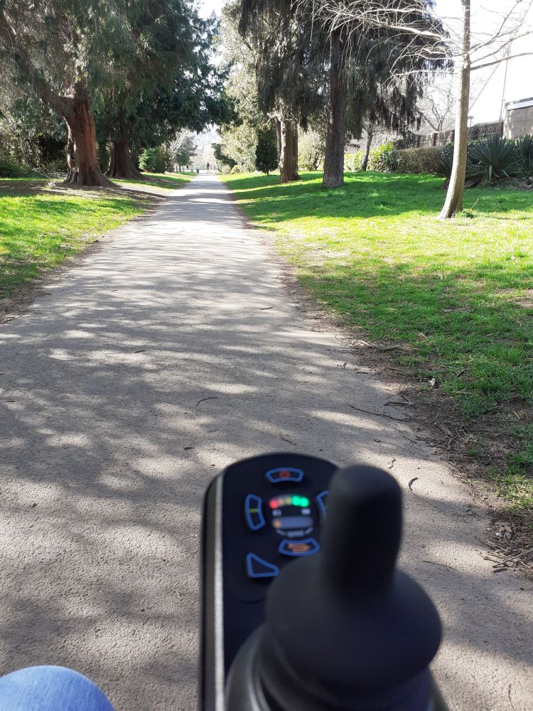 View of powerchair controls in a sunny tree lined path