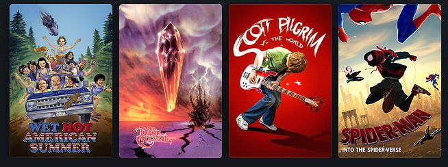 posters - Wet Hot American Summer #WHAS, The Dark Crystal #TheDarkCrystal, Scott Pilgrim vs. the World #ScottPilgrim, Spider-Man Into the Spider-Verse #IntotheSpiderVerse