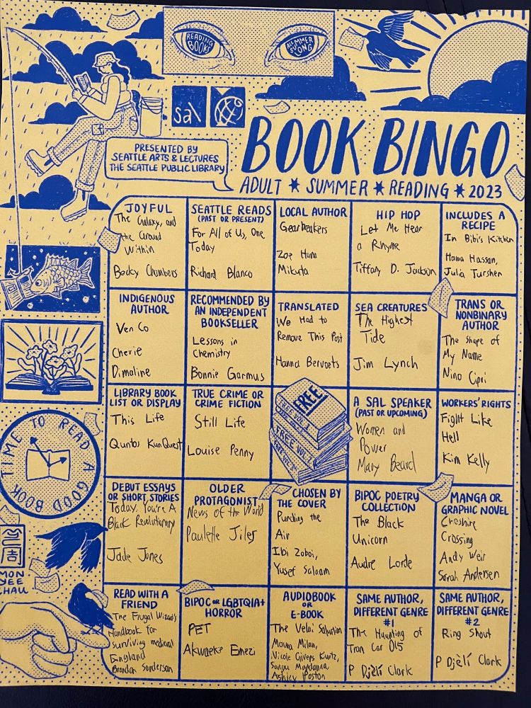 A picture of a yellow paper with blue ink, of the Seattle Public Library adult summer reading book bingo board, with all squares filled out.