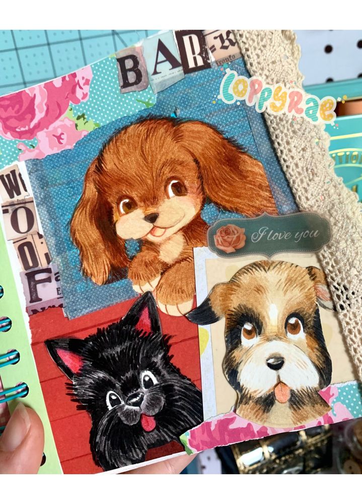 A collage of three vintage style puppy illustrations on a red and blue background.