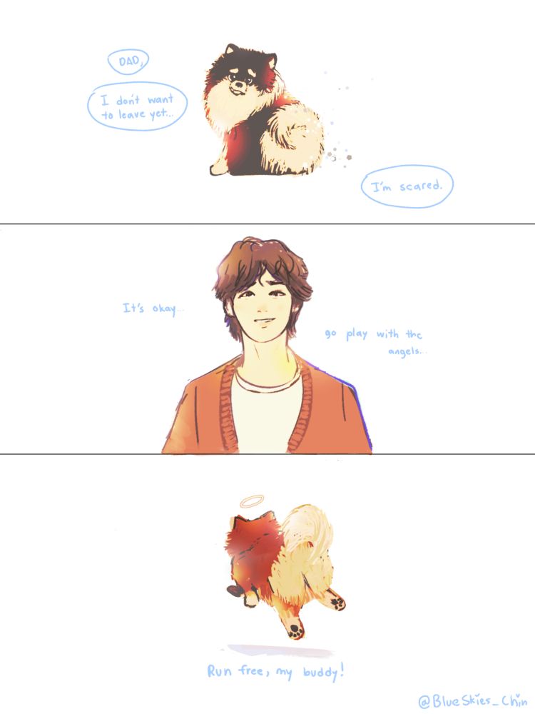 Comic art of bts taehyung and his dog 'Yeontan' who passed away, running freely