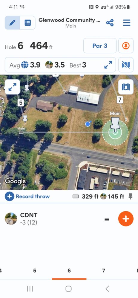 Screen shot of the Udisc app for scoring rounds of #discgolf the graphic looks to be documenting a drive of almost 330'