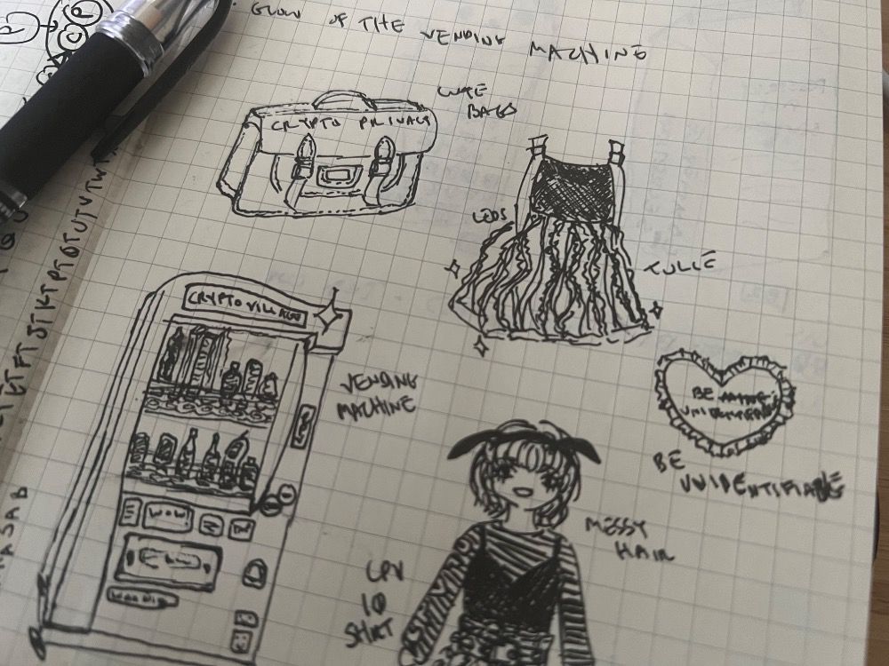 Photo of Avi’s journal with random doodles like a vending machine, a messenger bag that says Crypto Village, dress with words indicating tulle and led, a heart shaped pillow saying: “Be Mine Unidentifiable”, with the word Mine crossed out, a random horrid human doodle with messy hair and striped shirt that says CPV 10 on the sleeve in bubble letters