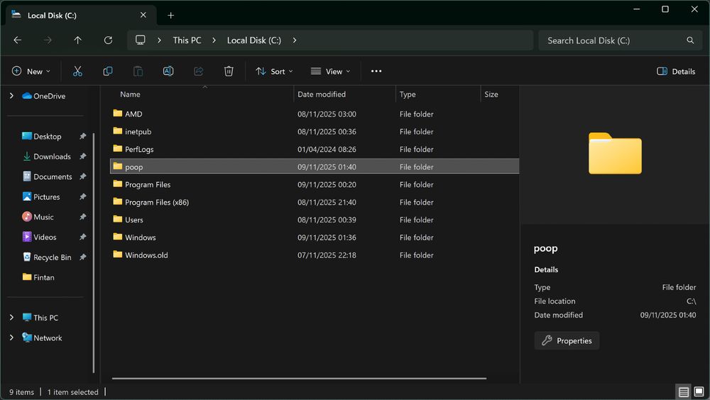 a screenshot of my C: drive on windows with a folder called "poop" highlighted