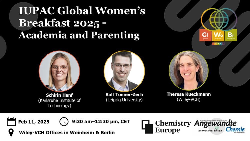 Three photos of the speakers, Schirin Hanf (Karlsruhe Institute of Technology), Ralf Tonner-Zech (University of Leipzig), and Theresa Kueckmann (Wiley-VCH) on a black and branded background with the Global Women's Breakfast logo and event details.