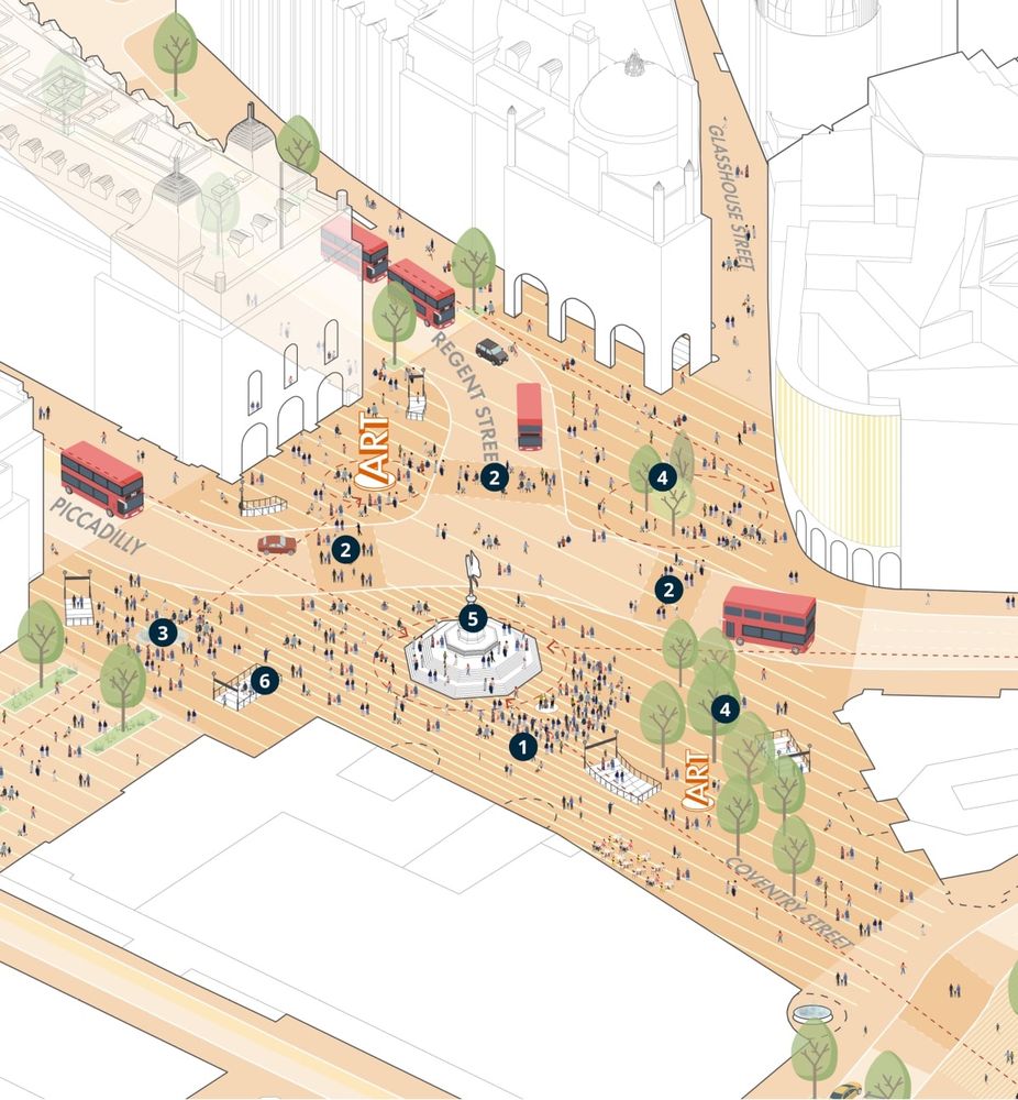 A diagram shows the junction of Piccadilly Circus overlaid with plans to reclaim large swathes of land used for roads currently and returning that land to pedestrian use. 